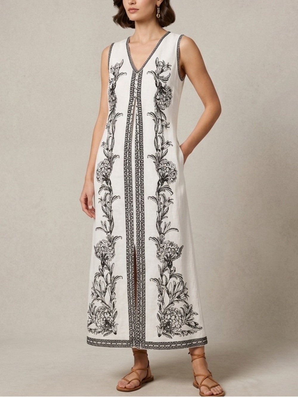 100% Linen blend Max Studio Boho Shift Dress Sleeveless Ivory/Black Floral S